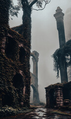 Mist-Clad Ruins. The remnants of an ancient castle, shrouded in mist. - 756405929