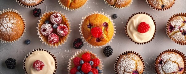 A variety of muffins and cupcakes with different toppings and flavors. The muffins and cupcakes are arranged in a row on a counter, with some of them having raspberries on top