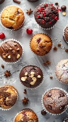 Tempting muffins neatly displayed on a gray surface, showcased in a top-down view that emphasizes the appealing simplicity of these baked treats.