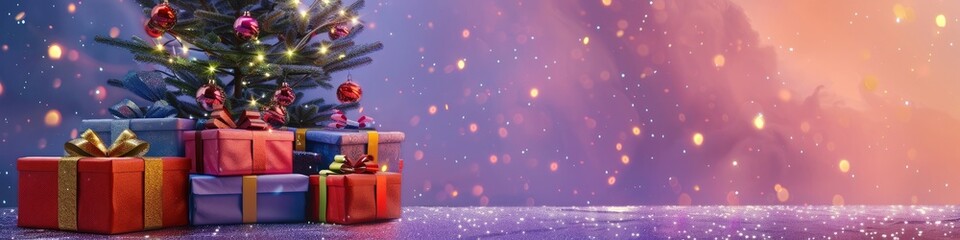 A cluster of colorful wrapped presents sits beneath a twinkling tree against a soft lavender...