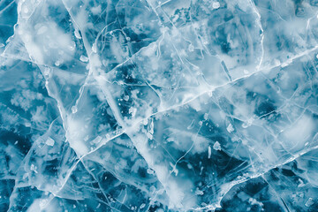Amazing unique pattern of frozen Lake Baikal. View from above. Blue transparent clear smooth ice with deep cracks - obrazy, fototapety, plakaty