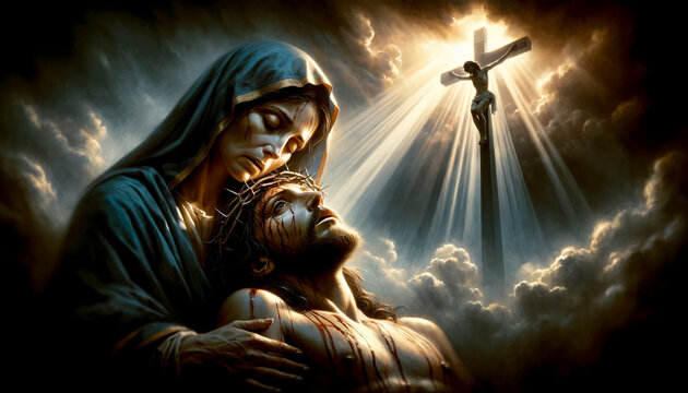 Sacred Sorrow for Christ: The Virgin Mary Cradles the Crucified Body of Jesus. In the background is an image of Christ on the Cross in Rays of Golden Light