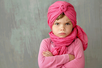 A challenging gaze at the camera dressed in pink. Concept: Women's empowerment from childhood education