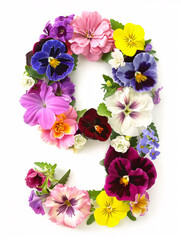 Typeface made out of colored spring flowers isolated on a white background the number 9