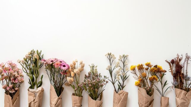 A row of dried flower bouquets wrapped in kraft paper on a white background