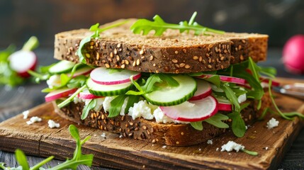 Nutrient-rich sandwiches prepared with rye bread, layered with creamy cottage cheese, sliced radishes, cucumbers, a variety of fresh greens, and peppery arugula. - obrazy, fototapety, plakaty