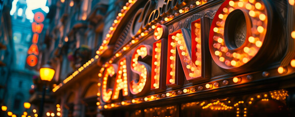Glowing Casino neon sign dazzling with bright lights, inviting nighttime entertainment and gambling in a vibrant setting