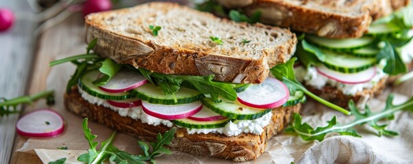 Nutrient-rich sandwiches prepared with rye bread, layered with creamy cottage cheese, sliced radishes, cucumbers, a variety of fresh greens, and peppery arugula. - obrazy, fototapety, plakaty