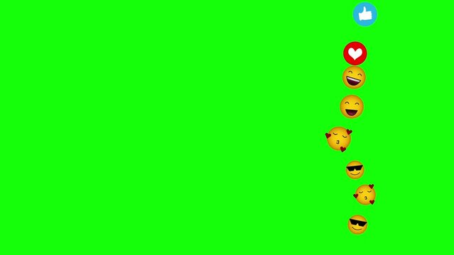 Different emoji, emoticons flying up on right side of frame on green background, chroma key. Social media live, broadcast or stream concept.
