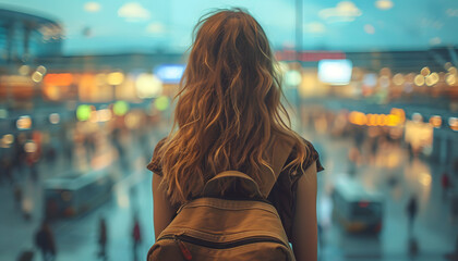 a young woman goes to the airport at the window looks at the planes in the window of the airport
