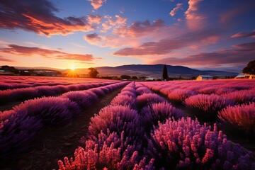 Beautiful lavender field with long purple rows, Generative AI.