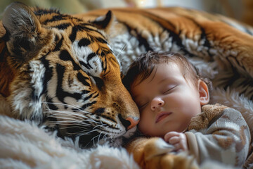 A baby sleeps peacefully hugged to a tiger protecting it. Concept: Love for nature from childhood to prevent climate change.