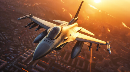 flying over the cities at sunset jet fighter with great speed. Patrol of military combat aviation - obrazy, fototapety, plakaty