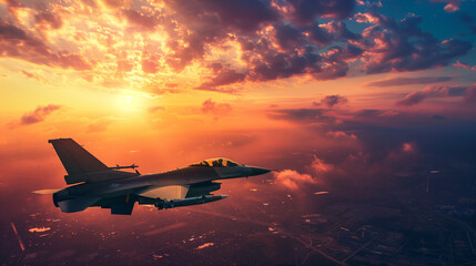 flying over the cities at sunset jet fighter with great speed. Patrol of military combat aviation - obrazy, fototapety, plakaty