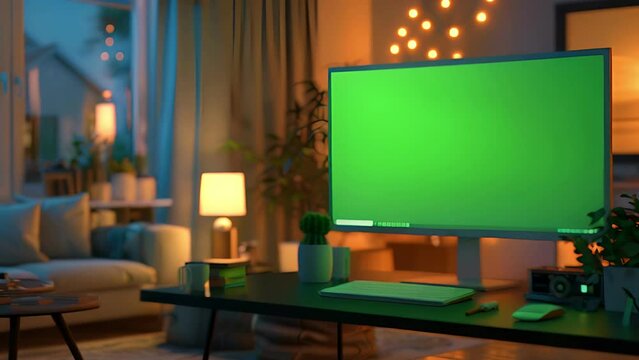 Computer Green Screen desktop on a Desk in the Living Room. Background Cozy Living Room in the Evening with Warm Lights, technology, monitor, display, business,  office