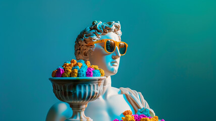 Escultura clásica griega con gafas de sol sostiene un bol de cereales azucarados coloridos sobre fondo azul y perspectiva lateral - obrazy, fototapety, plakaty