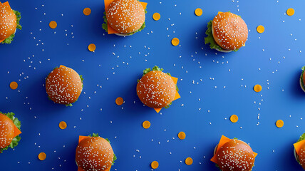 Composición creativa de hamburguesas generando un patrón sobre fondo azul con decoración naranja - obrazy, fototapety, plakaty