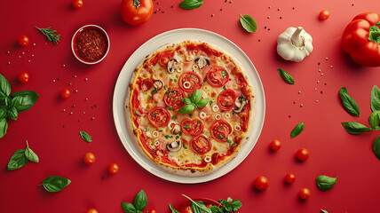 Plato de pizza clásica, con ingredientes decorando la escena sobre fondo rojo y plato blanco