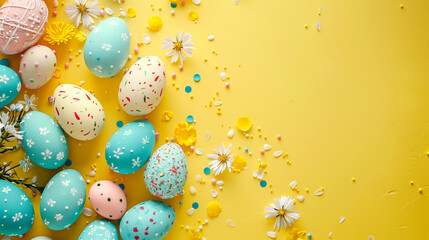 Fototapeta na wymiar Rectangular Easter background with pink, blue and yellow eggs with pink flowers on yellow background. Background for advertisements and announcements