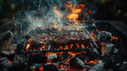 Selbstklebende Fototapeten Carne a la brasa, barbacoa a la parrilla con carne humeante sobre brasas candentes  © Vletal