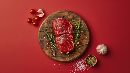 Chuletón de ternera sobre plato de madera con especias, rodeado de ingredientes y en fondo rojo con vista cenital