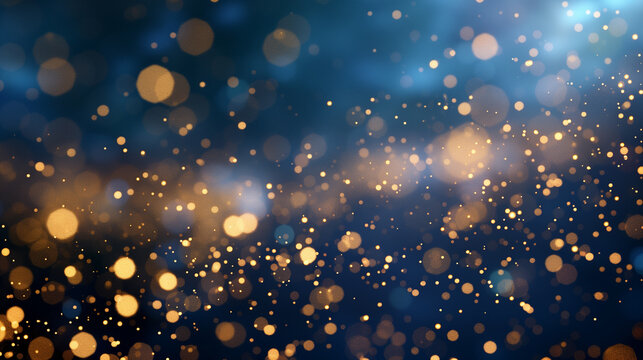 Golden lights shine particles bokeh on navy blue background	