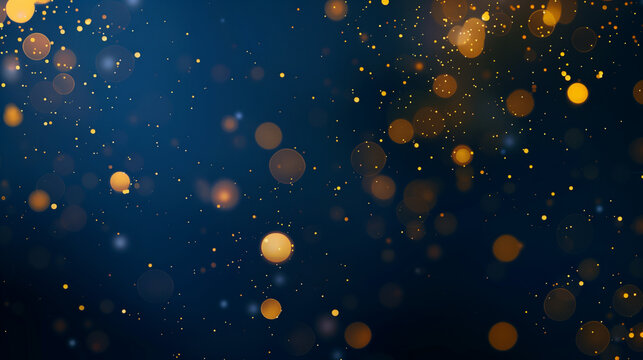 Golden lights shine particles bokeh on navy blue background	