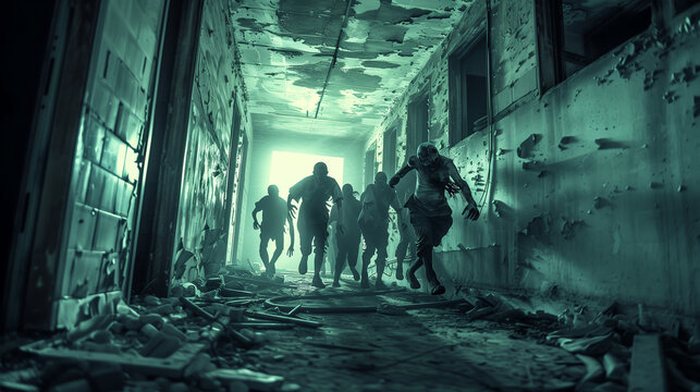 Zombies Running in Dark Hallway and Abandoned Basement in a Post Apocalyptic with dark view