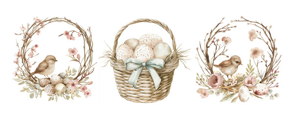 Flower wreath with bird and basket with eggs, easter spring watercolor illustration 
