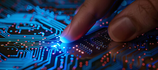 A person's index finger touches a circuit board with blue lights, demonstrating biometric technology for personal and corporate security through fingerprint scanning.