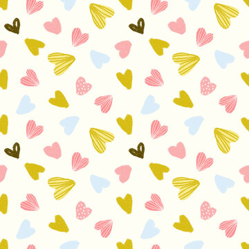 Seamless pattern with colored hearts in retro fusion on a beige background. Pattern with pink and green hearts with texture for fabric print and obier paper for kids.