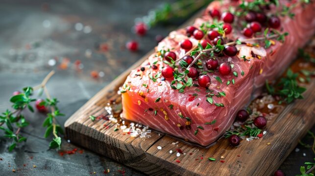 Lamb salmon fillet with cranberries and herbs on wood.