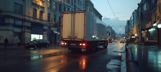 Obraz premium A logistics company truck driving through the city