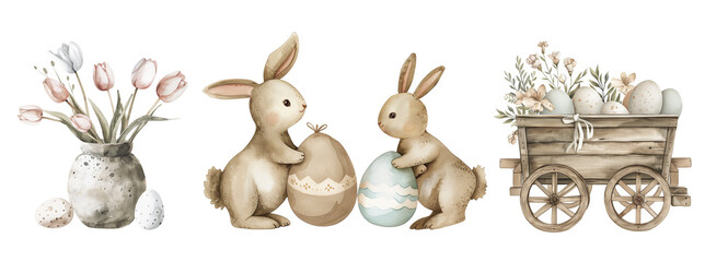 Easter Bunny and eggs, spring animals, watercolor illustration 