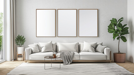 a cozy decorated white living room with white empty artworks on the wall, mockup template 