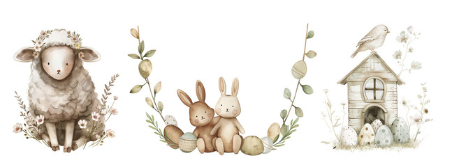 Sheep, birdhouse and bunny easter spring watercolor illustration
