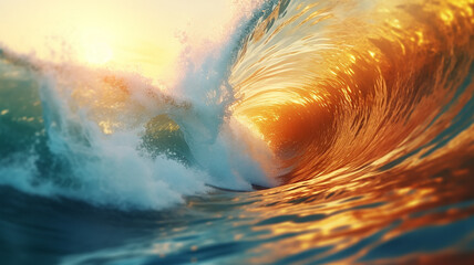 golden ocean wave at sunset. - 756408372