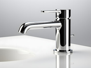 Steel Faucet at Kitchen Sink. Bathroom Water Tap