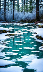 Frozen Fairy Pond. In the heart of a snow-covered forest, a pond lies frozen. - 756408767