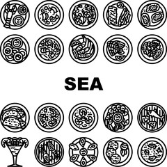 sea cuisine fish cook icons set vector. squid bbq, greek dish, restaurant frozen, culinary luxury, salmon oil plate sea cuisine fish cook black contour illustrations