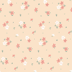 Seamless floral pattern, cute liberty ditsy print of mini plants. Pretty botanical wallpaper, textile design, simple ornament: small daisy flowers, leaves on a pink background. Vector illustration.