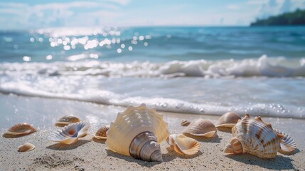 Fototapeta na wymiar Seashells on sandy shore, symbolizing beach holidays, relaxation, and sea exploration.