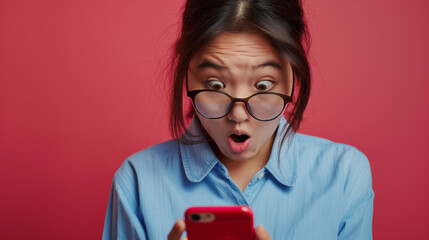 スマートフォンを見て驚く女性