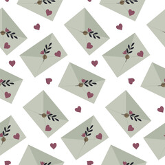 Seamless pattern with envelope with flowers and hearts. Love message, confession of feelings, background