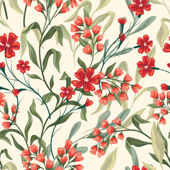 Seamless floral pattern, abstract flower print in an elegant vintage motif. Beautiful botanical design: hand drawn watercolor flowers, red buds, green leaves. Vector wallpaper, textile illustration.