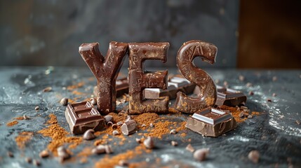 Chocolate says YES. A word for a sweet lifestyle with chocolate. The message Yes chocolate! The inscription Delicious Snacks. Always say yes to chocolate. Enjoy life. The inscription is yes - obrazy, fototapety, plakaty