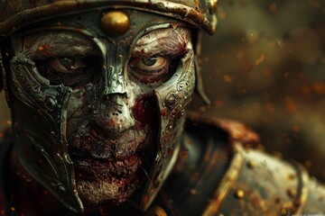 Close up of a battle scarred zombie warrior in worn armor evoking a sense of gritty historic or fantasy conflict.