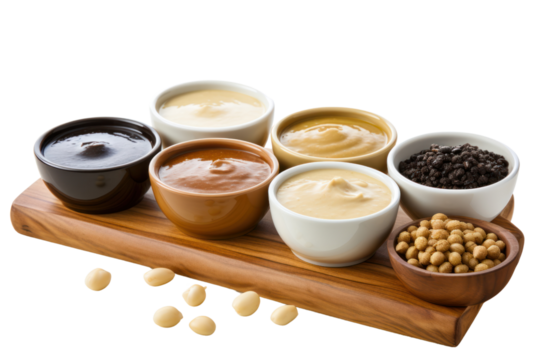 Different types of soybean paste such as white soybean paste, black soybean paste, and ground soybean paste. isolated on transparent background.