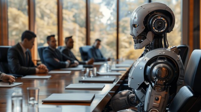 A sophisticated robot is depicted participating in a boardroom meeting with business professionals, illustrating AI integration in corporate settings.