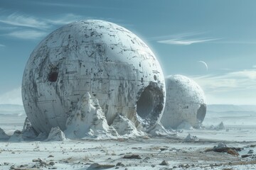 Massive weathered spherical structures lie abandoned in a desolate desert landscape invoking a sense of forgotten futuristic civilization.